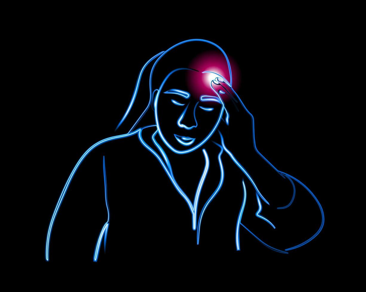 Vector isolated illustration of a girl with a headache. Neon contour drawing of a girl clutching her head. Migraine.