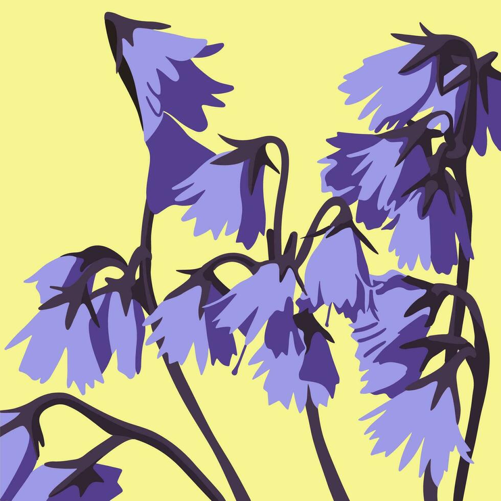Vector isolated illustration of bluebell flowers on yellow background.