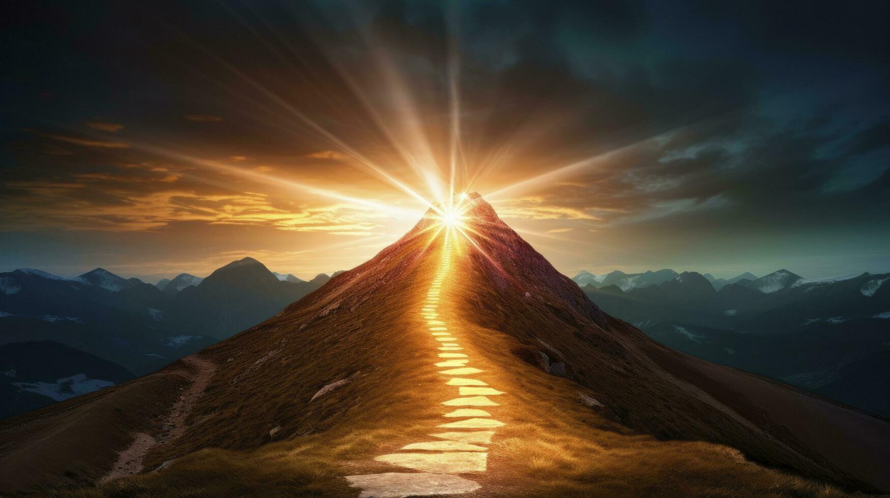 AI generated Path to success concept with glowing light path going up the mountain photo