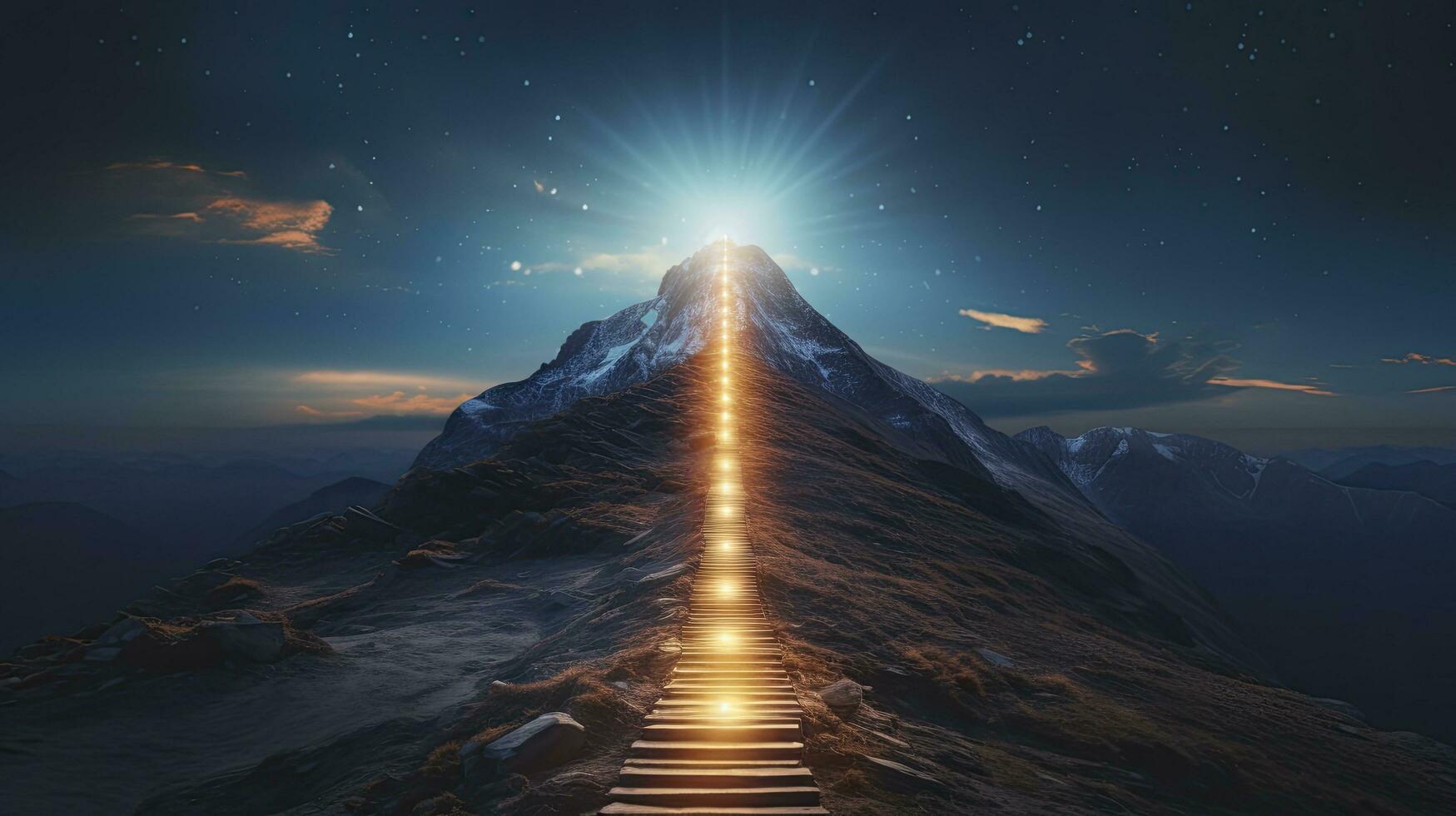 AI generated Path to success concept with glowing light path going up the mountain photo
