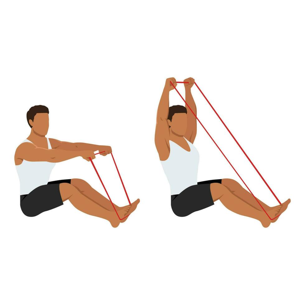 Man doing banded or resistance band seated overhead pull exercise. vector