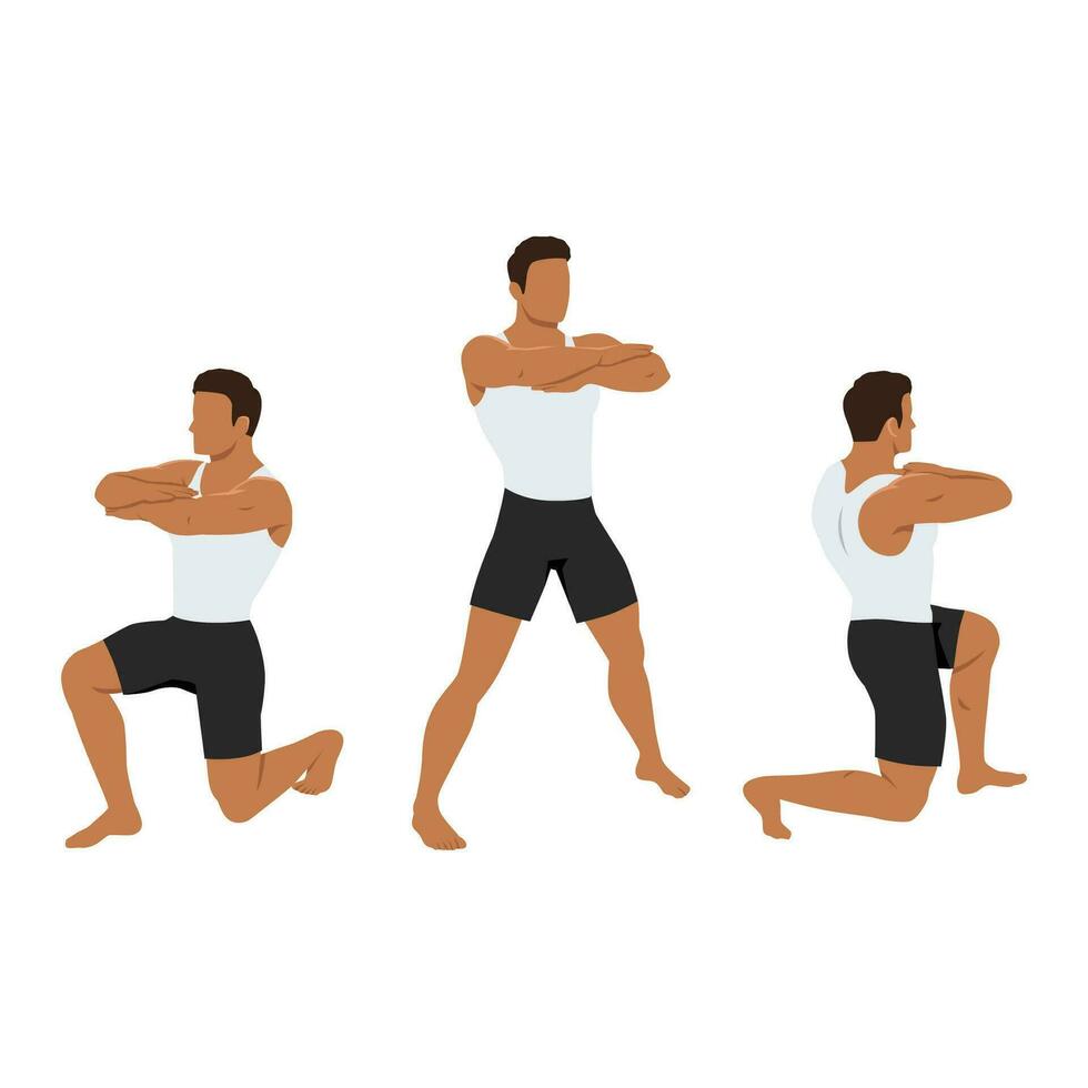 Man doing 90 degree turning lunge or rotation lunges exercise. vector
