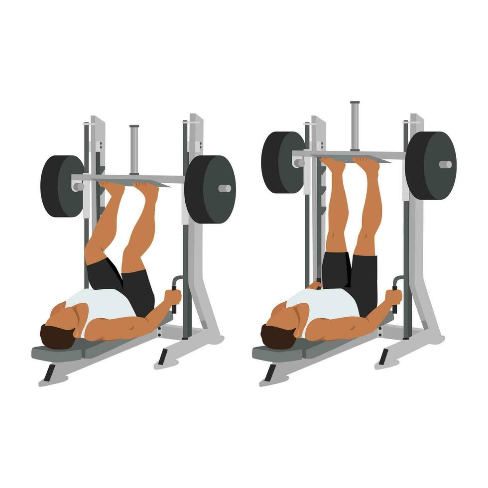 Man doing smith machine leg press exercise or reverse squat. Lying leg press exercise. vector