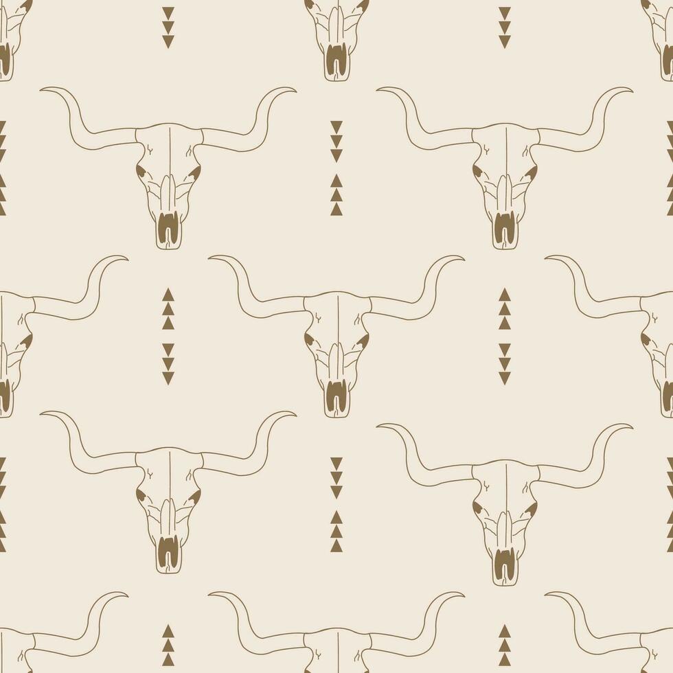 Boho style seamless pattern with bull skuls. Western themed hand drawn background. Backdrop, wallpaper, wrapping paper, banner, fabric template. vector