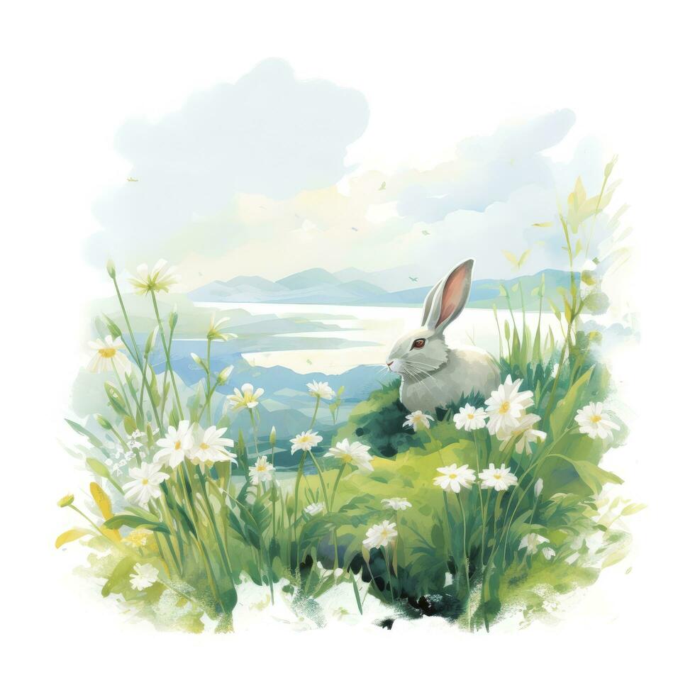 AI generated Cute bunny is sitting in field among wild flowers and grass watercolor illustration photo
