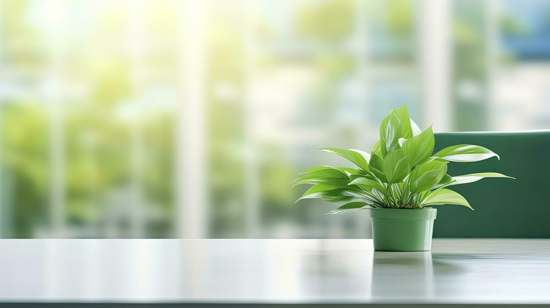AI generated A modern, ecofriendly office space with a clean, white interior design. The room is filled with lush green indoor plants, creating a serene and healthy work environment. photo