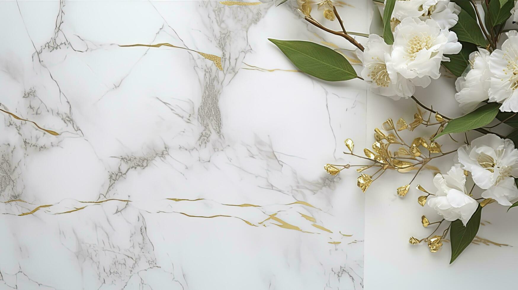 AI generated marble texture with abstract golden and white flower glitter photo