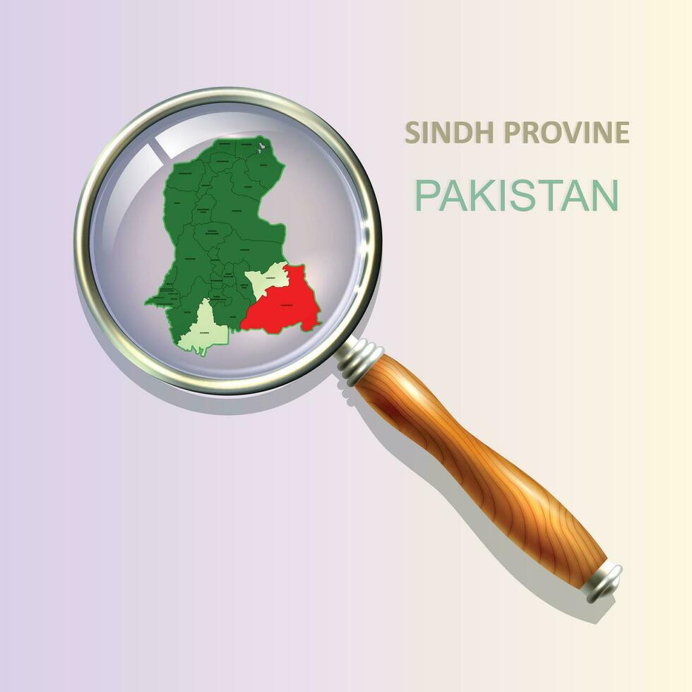 Magnifier with map of Sindh on abstract topographic background. Pakistan province, Vector map.