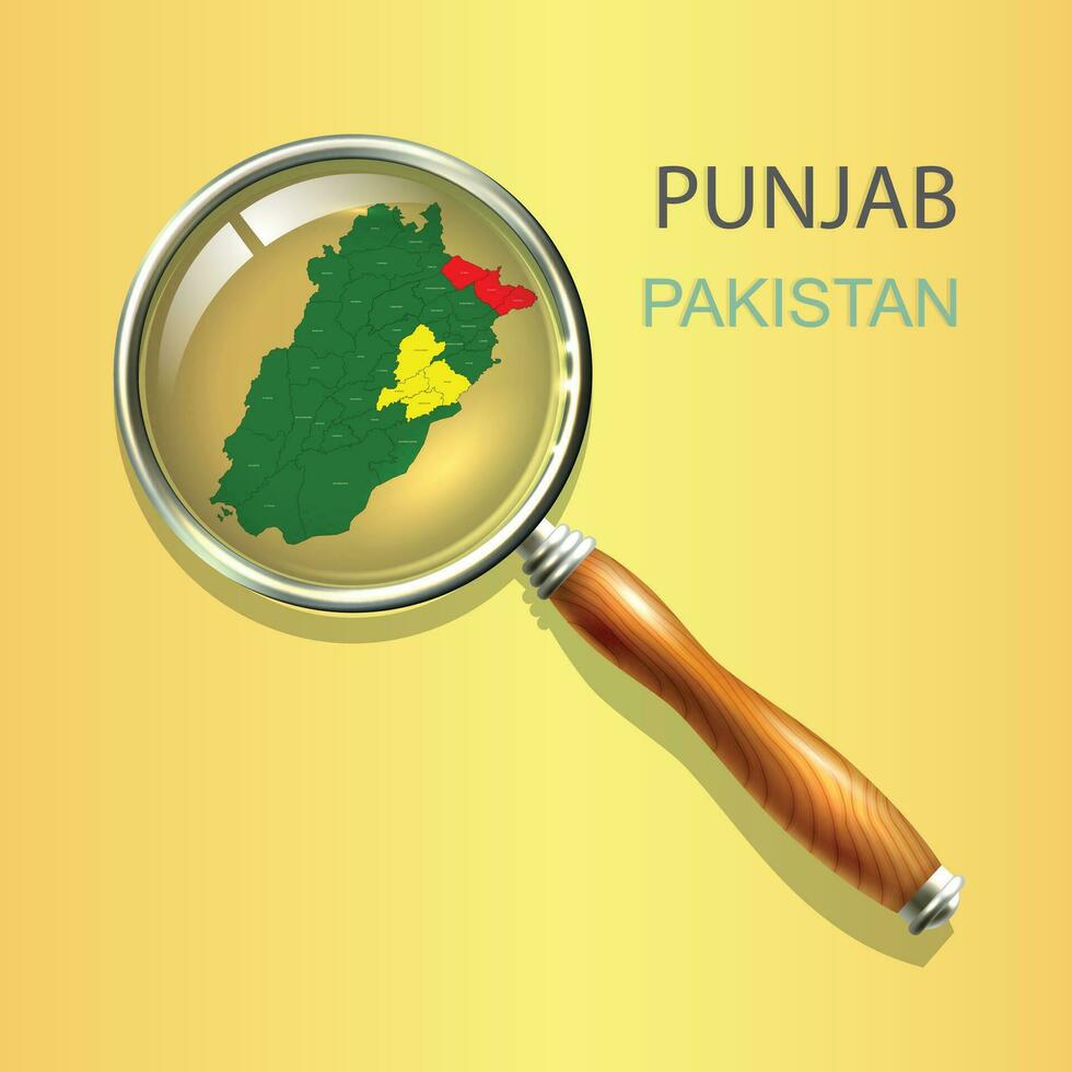 Magnifier with map of Punjab on abstract topographic background. Pakistan province, Vector map.