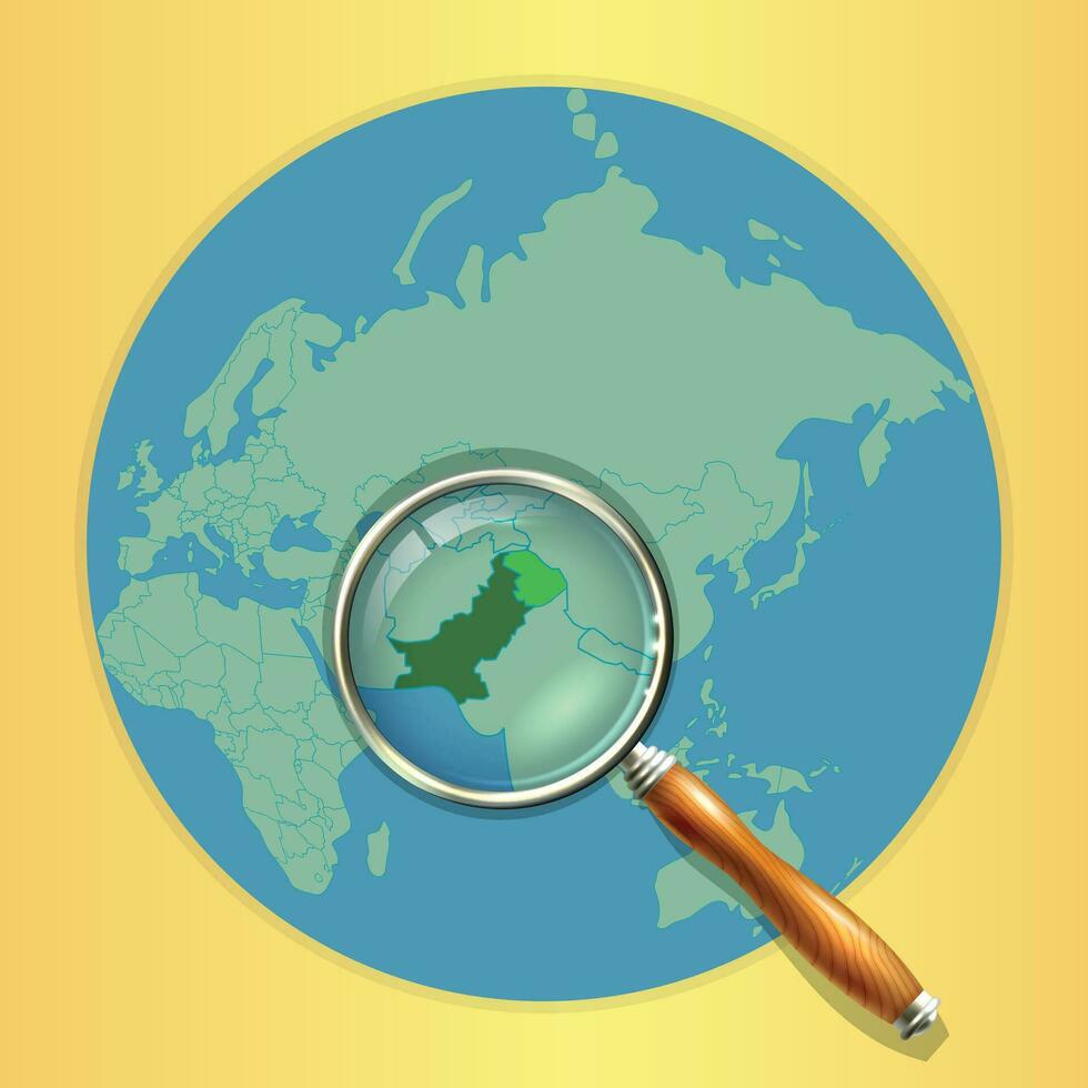 mapa de el mundo con un aumentador vaso en un mapa de Pakistán detallado mapa de y vecino países en el Pakistán aumentador vaso. con verde países y un degradado de océano. vector Arte