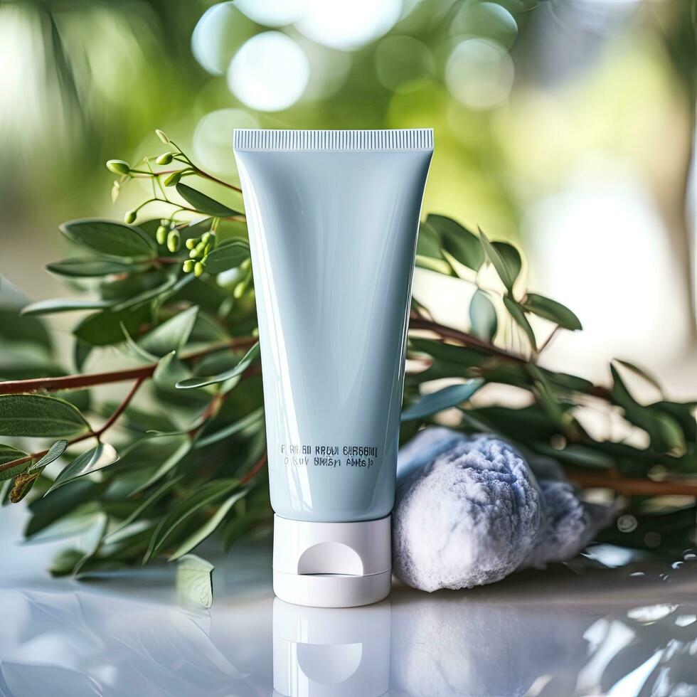 AI generated Cosmetic cream tube on white marble against natural branch background photo