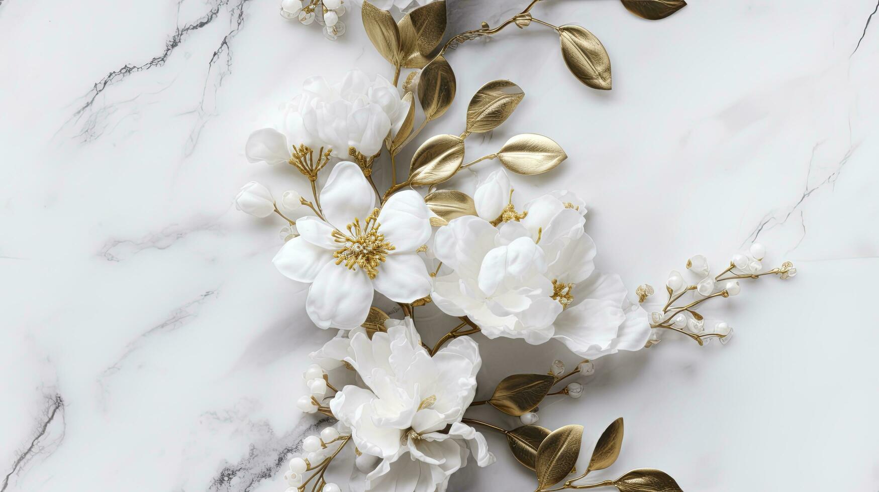 AI generated marble texture with abstract golden and white flower glitter photo