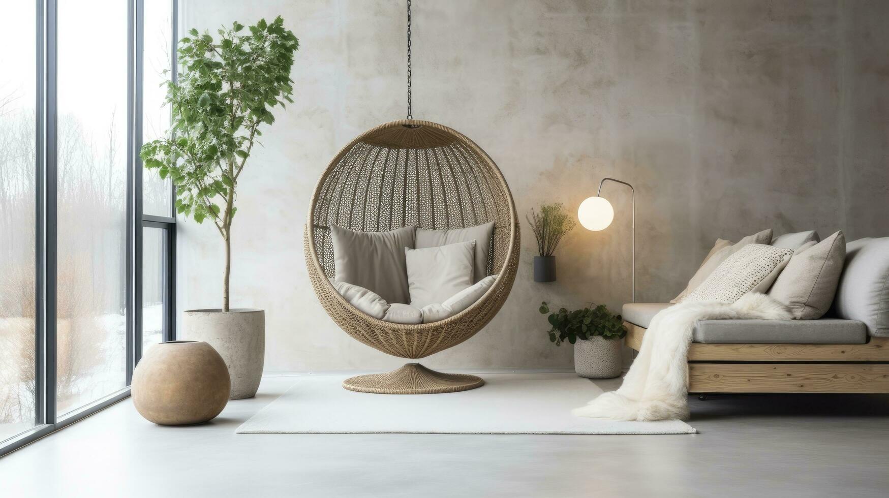 AI generated Modern living room featuring stylish hanging basket chair photo