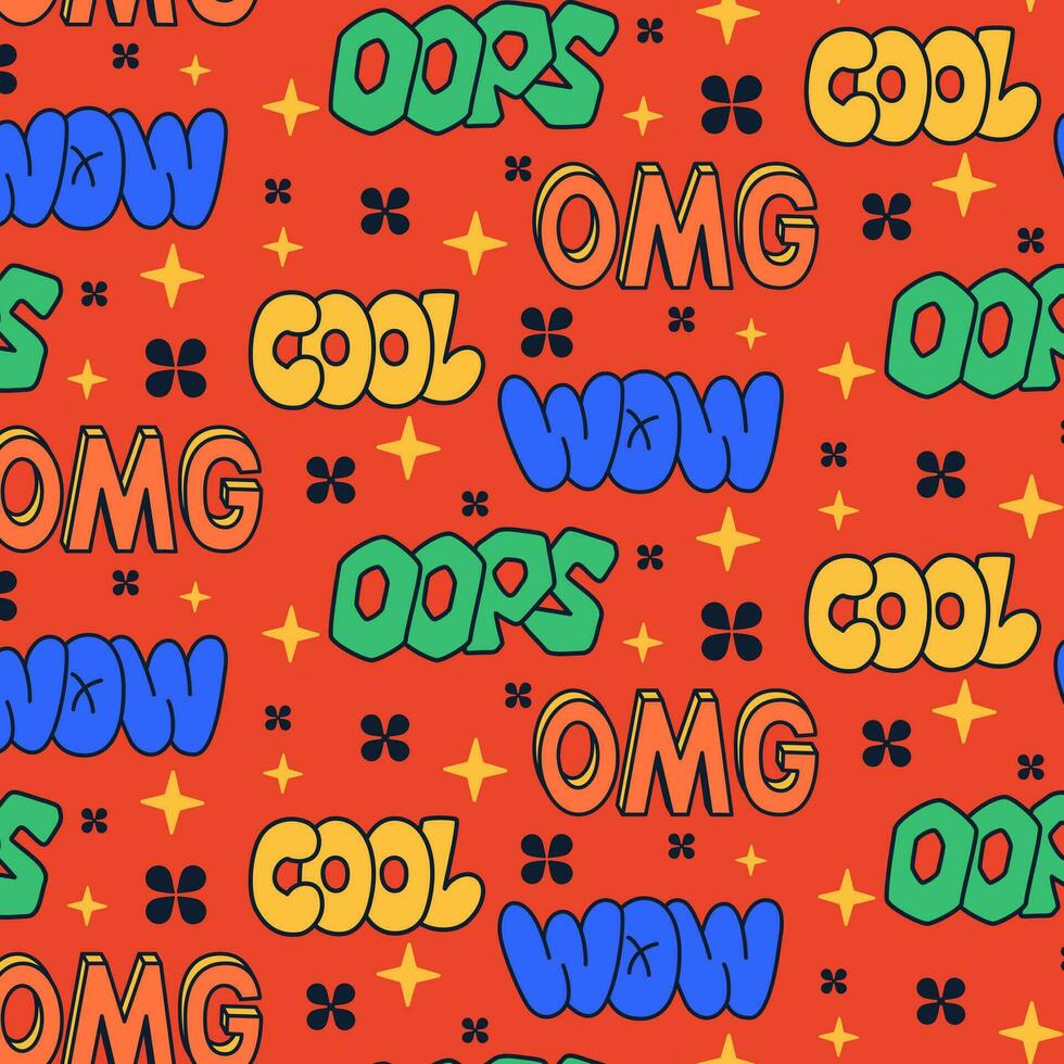 Childish retro 90s style pattern with words. Hand drawn words cool, oops, omg, wow in bubble, street style graffiti style. Stars and flowers on red background. Perfect for background, textile. vector