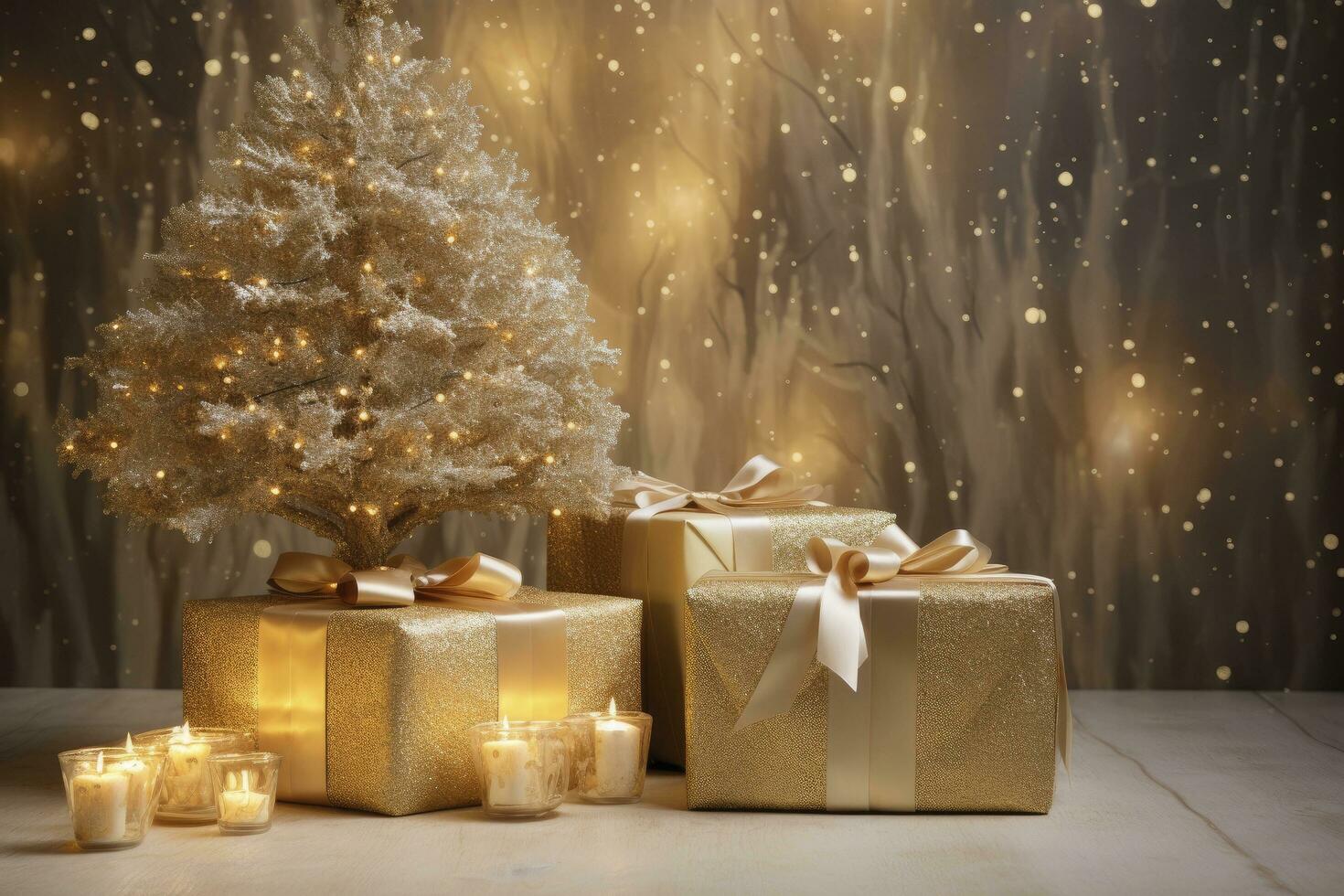 AI generated Christmas Gold Glitter Gift Box Background photo