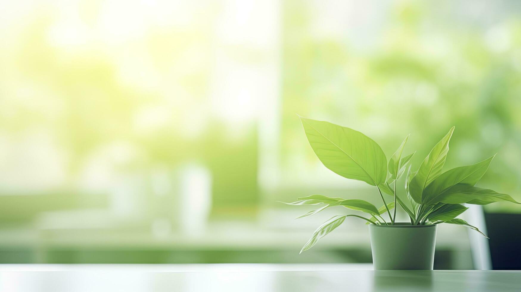 AI generated Modern green office desk table withe Plants. Desk plants can reduce stress at work photo