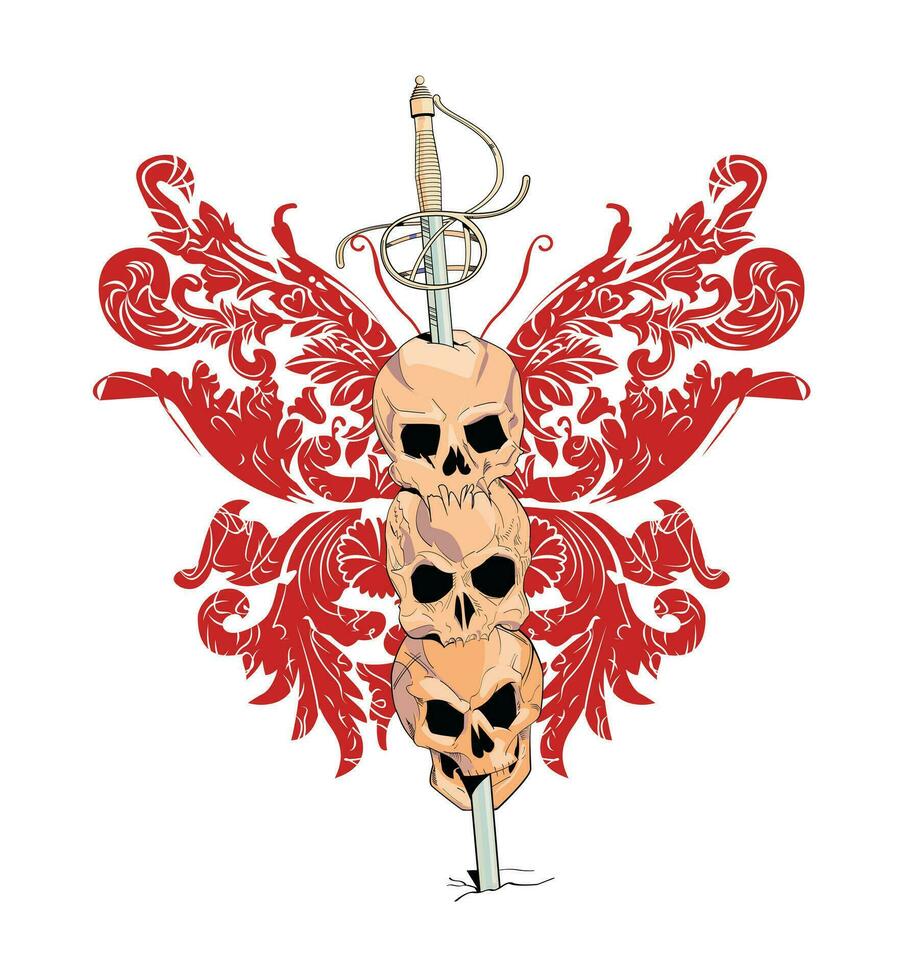 T-shirt design with three skulls skewered by a medieval sword. Illustration about the horrors of war. vector