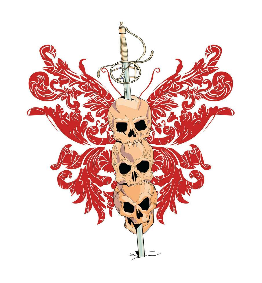 camiseta diseño con Tres calaveras ensartado por un medieval espada. ilustración acerca de el horrores de guerra. vector