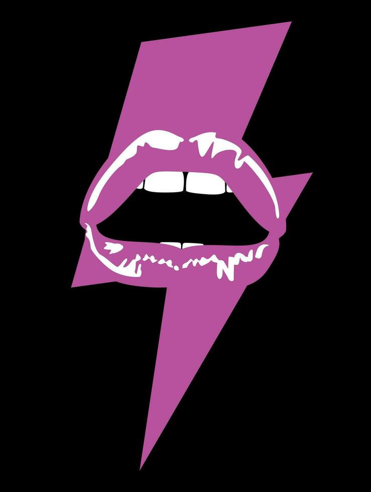 thunderbolt symbol and glam rock lips isolated on black vector