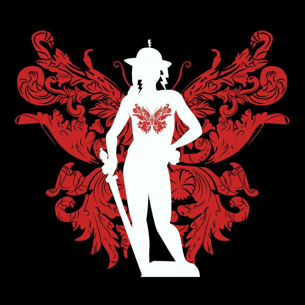 camiseta diseño de un desnudo del hombre silueta con un rojo mariposa. Renacimiento escultura de david por donatelo. vector