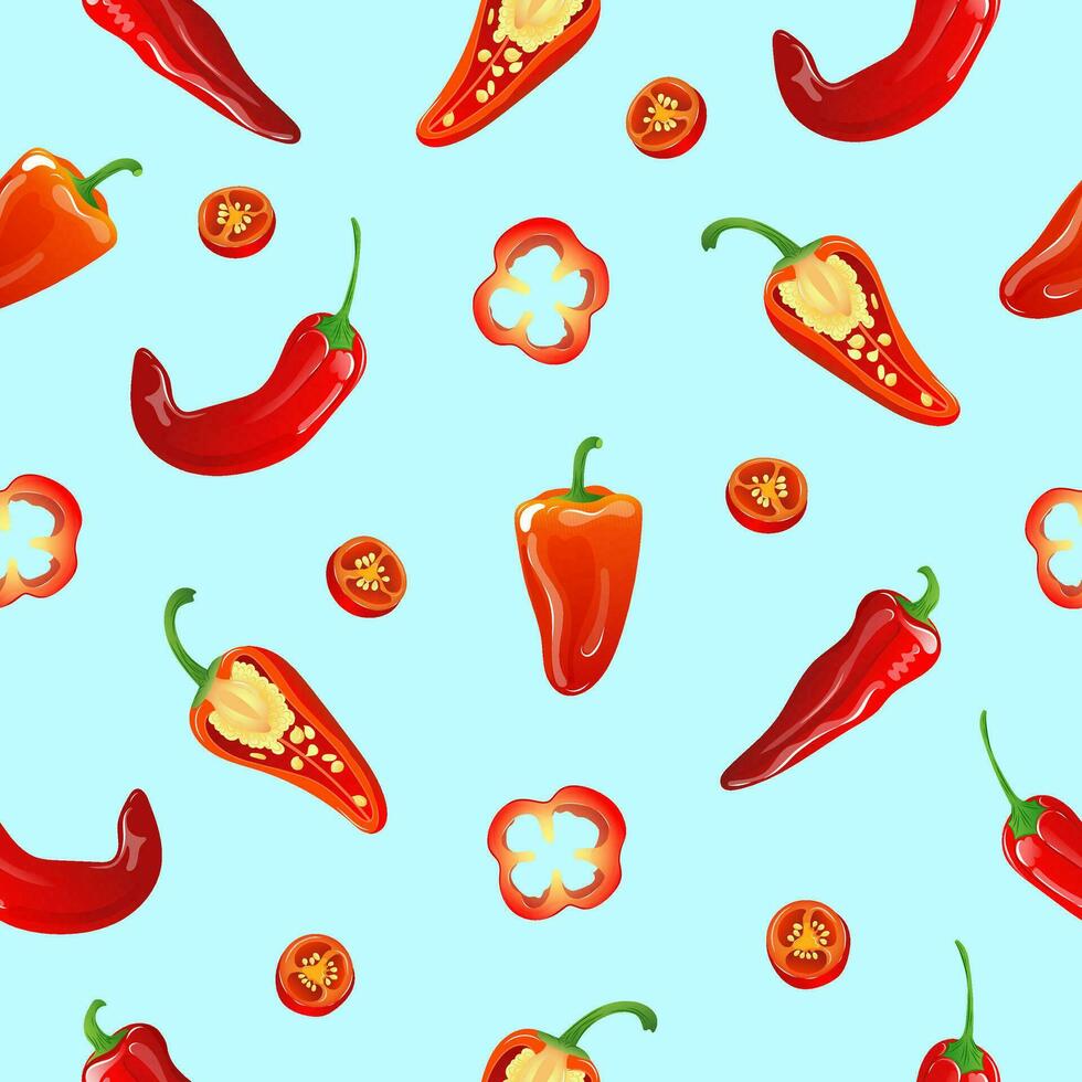 Seamless pattern with red hot chilli peppers on a blue background. Vector illustration of chili peppers.