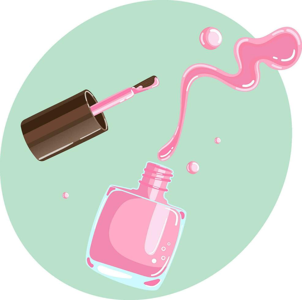 Illustration of a jar of pink nail polish with splash and drops in delicate shades. Vector illustration