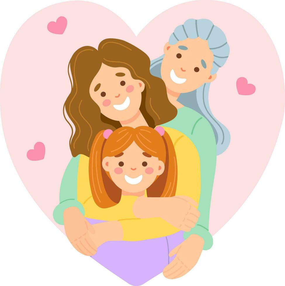Illustration with grandmother, mother and daughter in flat cartoon style for Mother's Day holiday in gentle colors. Vector illustration