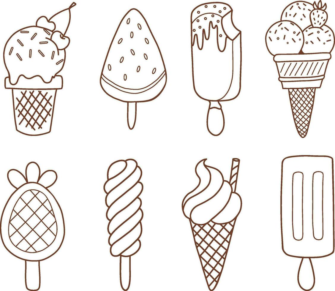 Hand drawn set of ice cream doodle. Sweet desserts in sketch style. Vector illustration