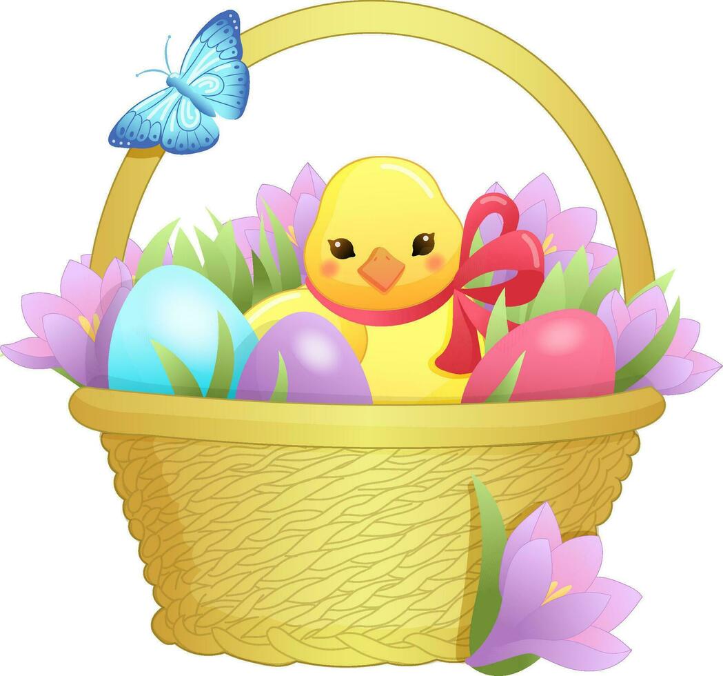 Vector illustration of an Easter chicken in a basket with crocuses and colored eggs in gentle colours. Greeting card