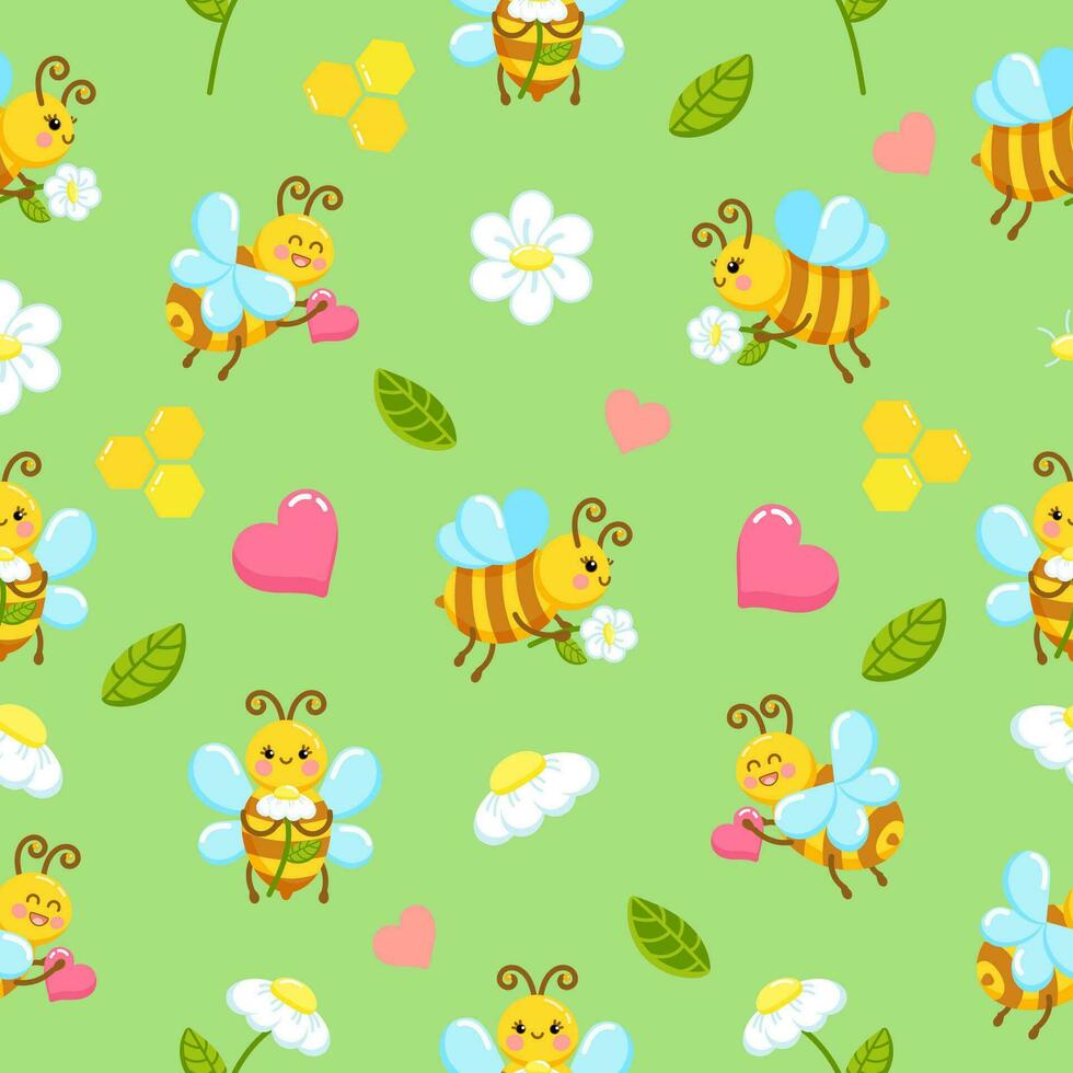 Cute and bright seamless pattern with cartoon love bees, hearts and daisies made in vector