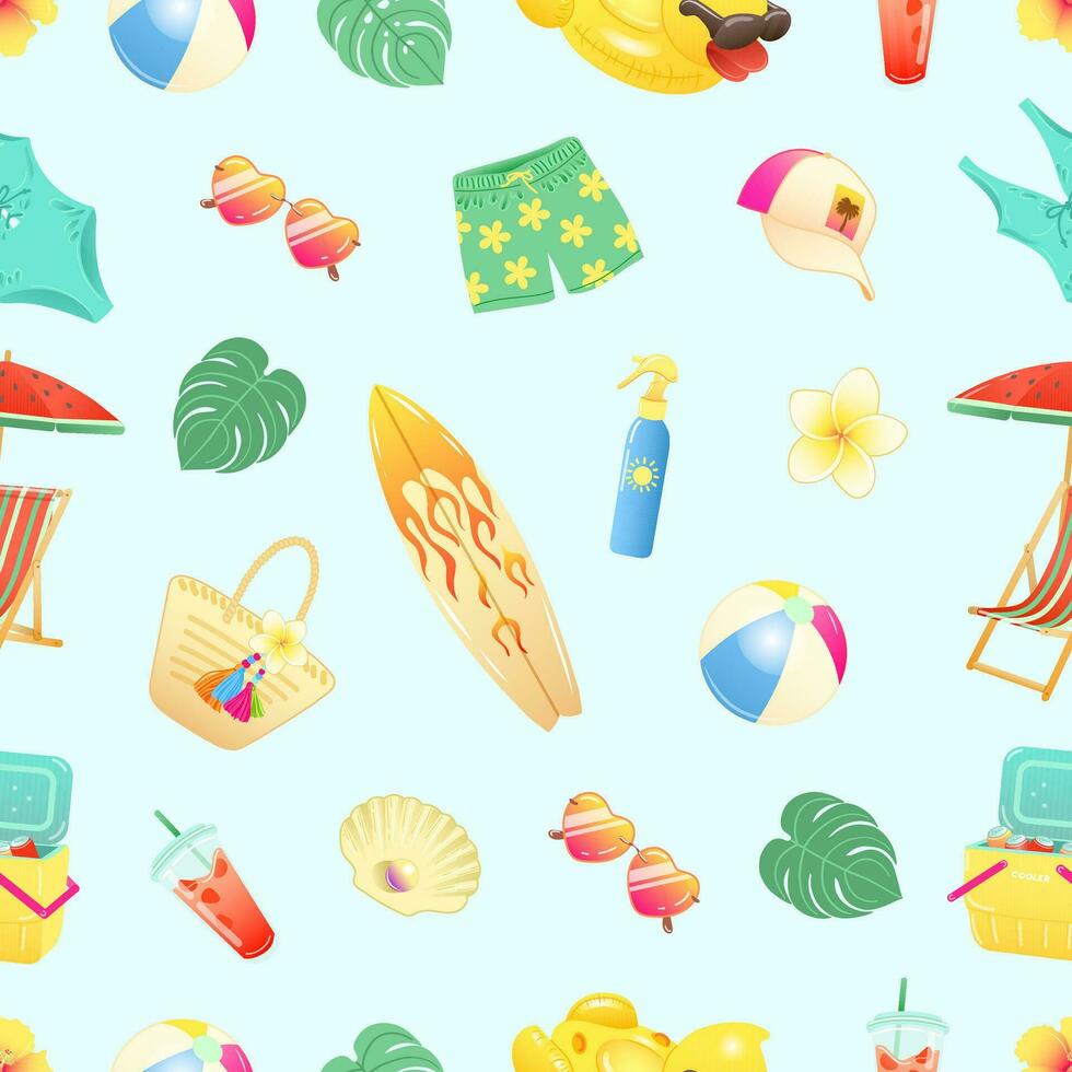 Seamless pattern with beach summer accessories on light blue background. Vector illustration