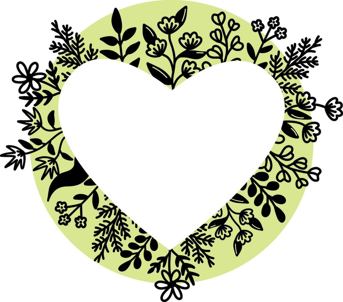 Heart shaped vector floral frame , wreath with leaves and flowers in doodle style. Romantic frame template. Vector illustration
