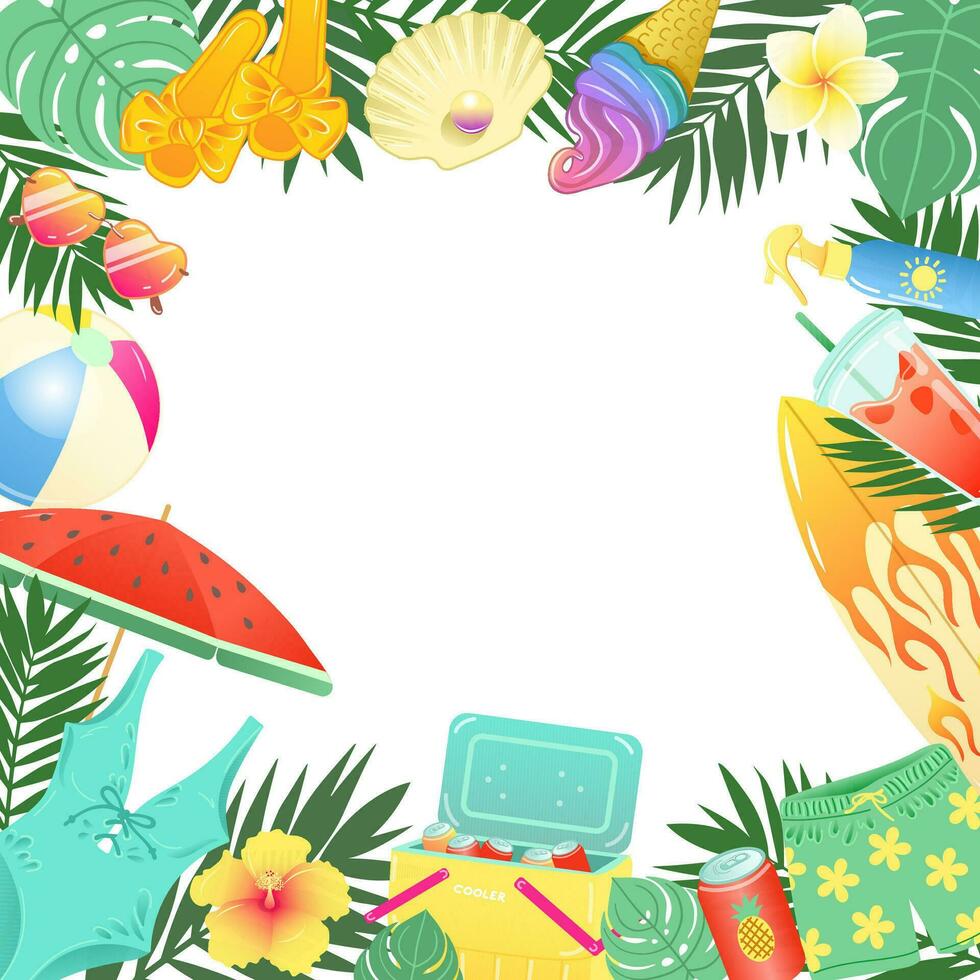 Decorative frame with summer beach accessories and tropical leaves in bright colors. Vector illustration