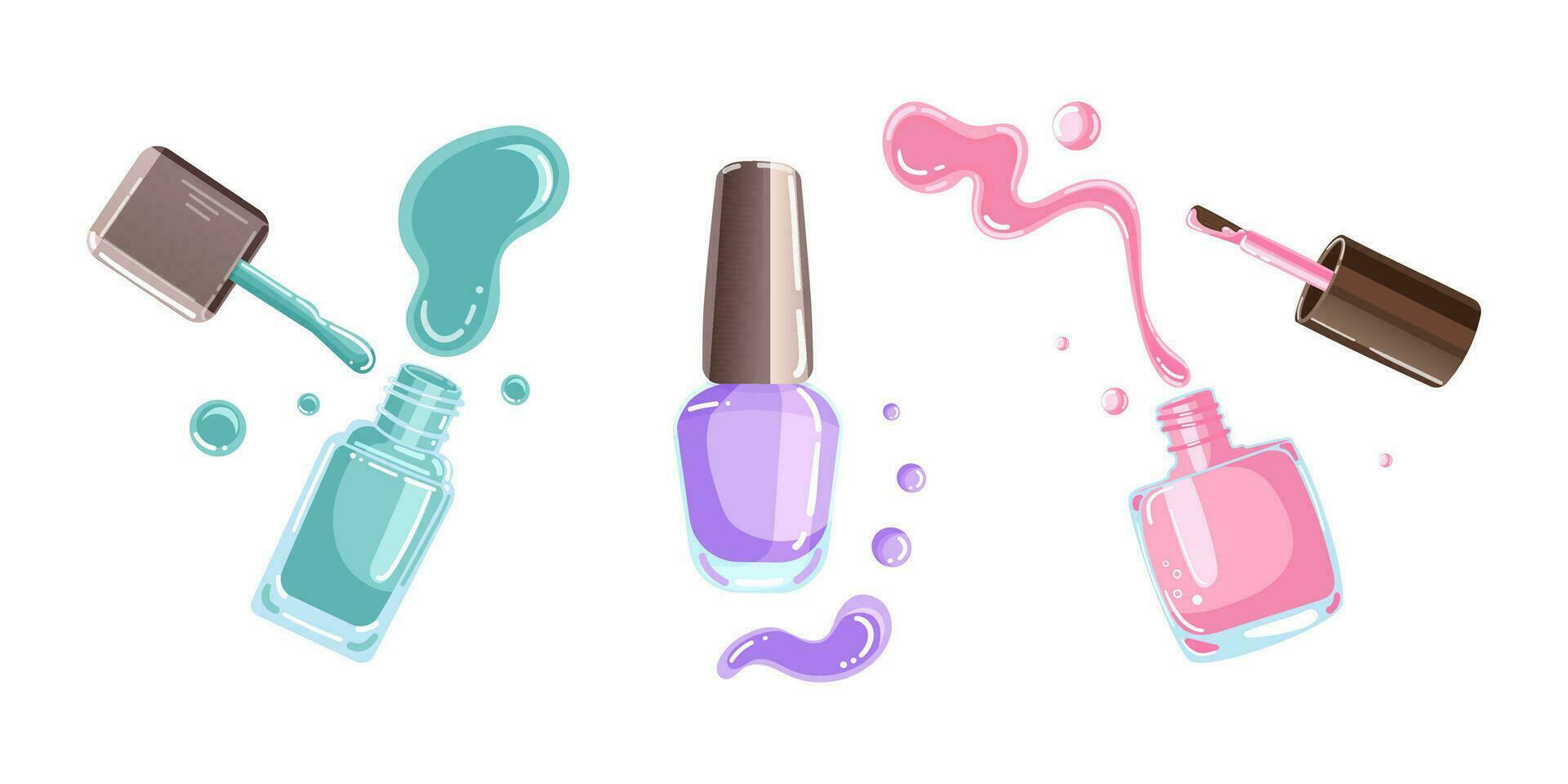 Set of vector illustrations of multicolored nail polish, drops and splashes