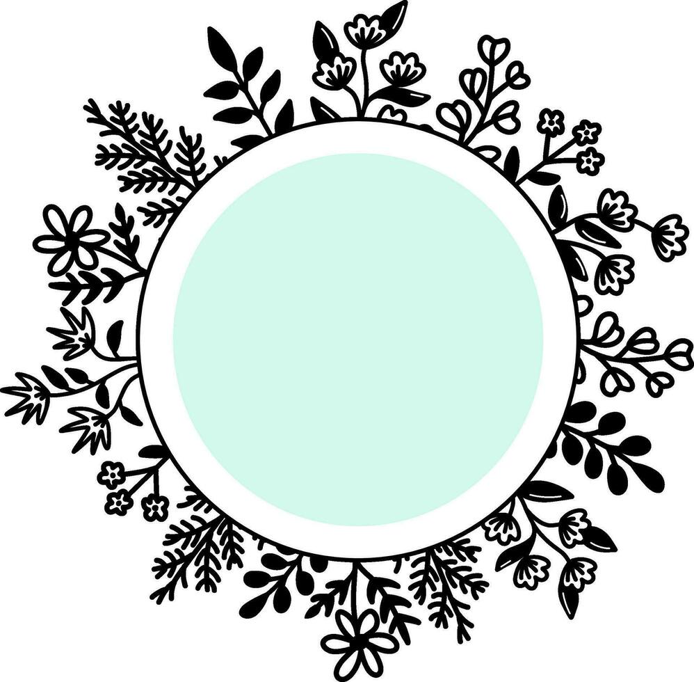 Round vector floral frame, wreath with leaves and flowers in doodle stile. Vector illustration