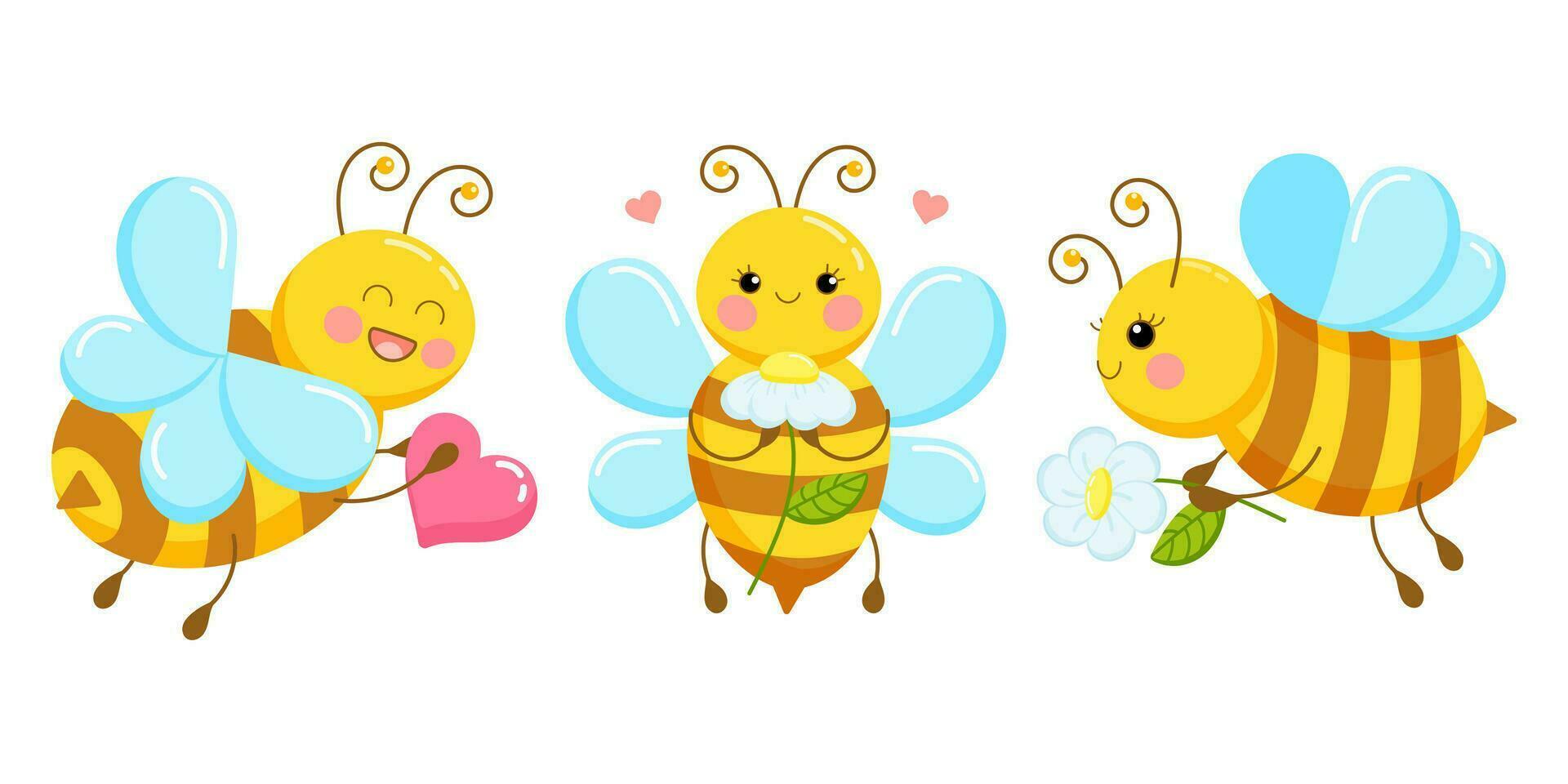 conjunto de ilustraciones de linda dibujos animados abejas en amor con margaritas vector ilustración