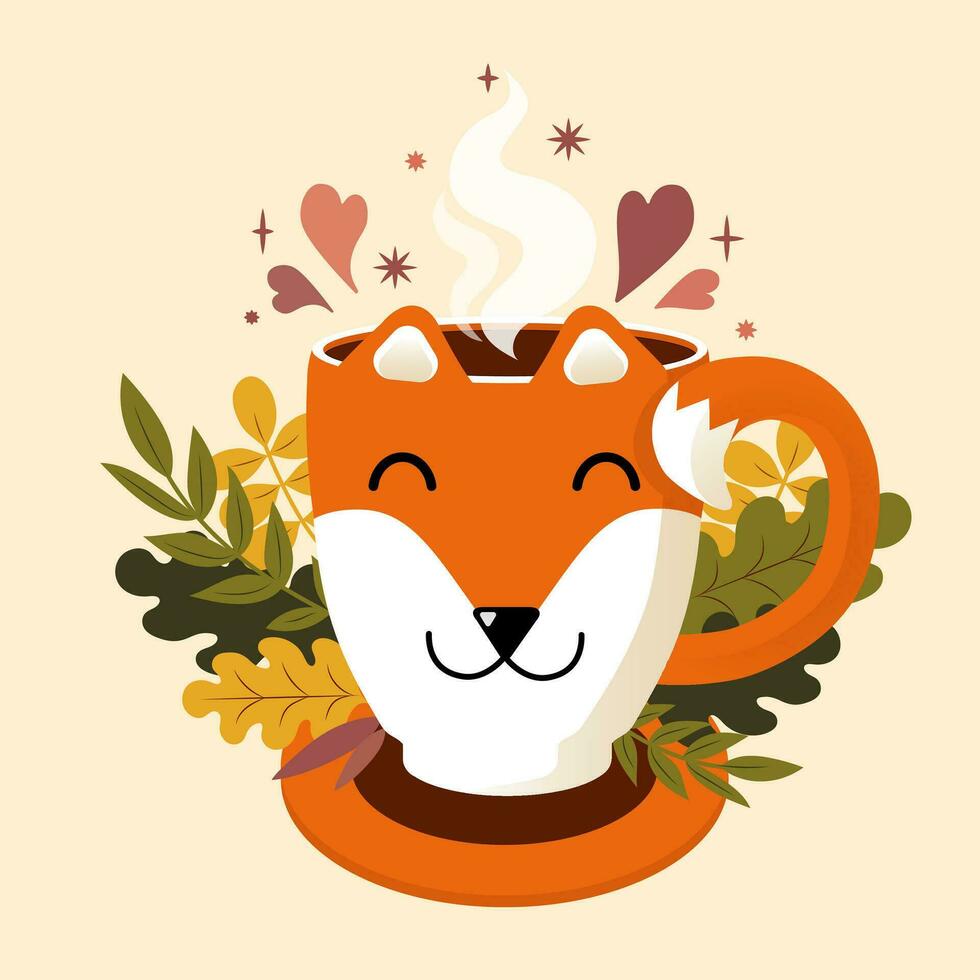 Cute cup in the form of a fox in autumn colours. Vector illustration