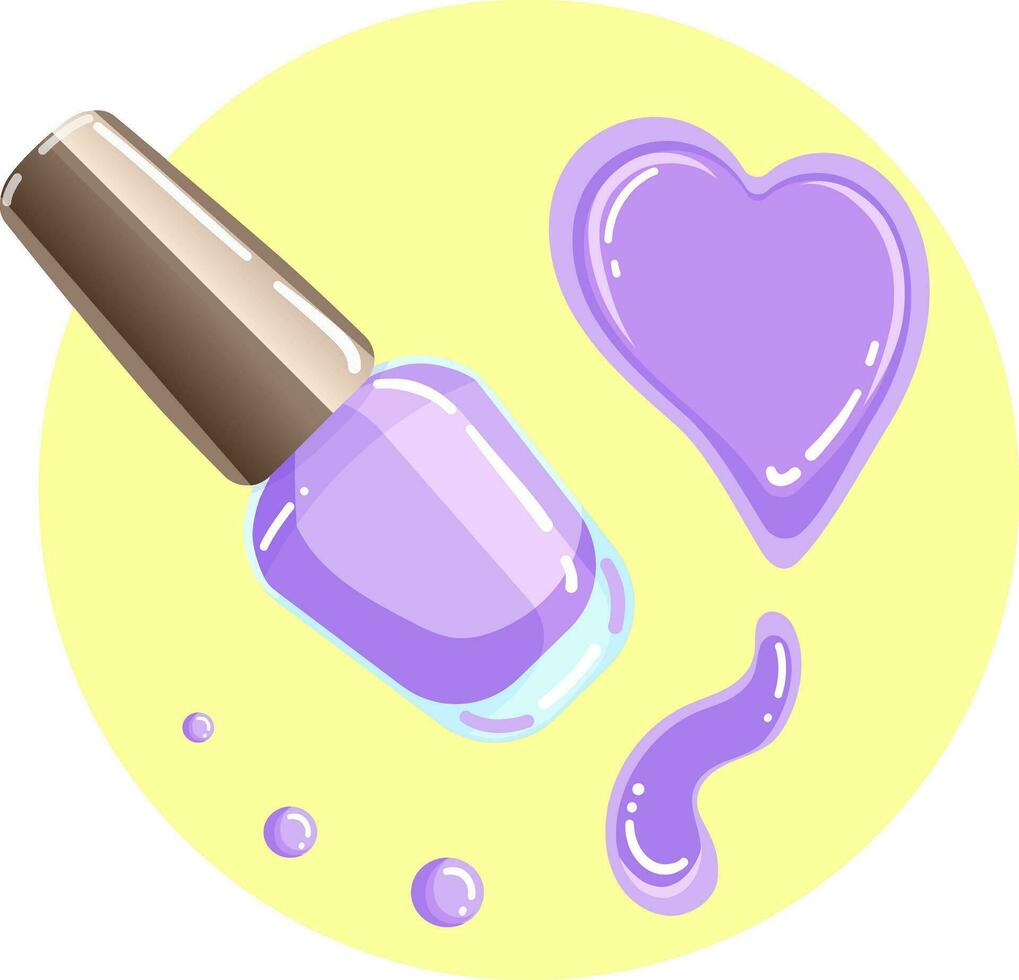 Illustration of a jar of violet nail polish with splash and drops in delicate shades. Vector illustration