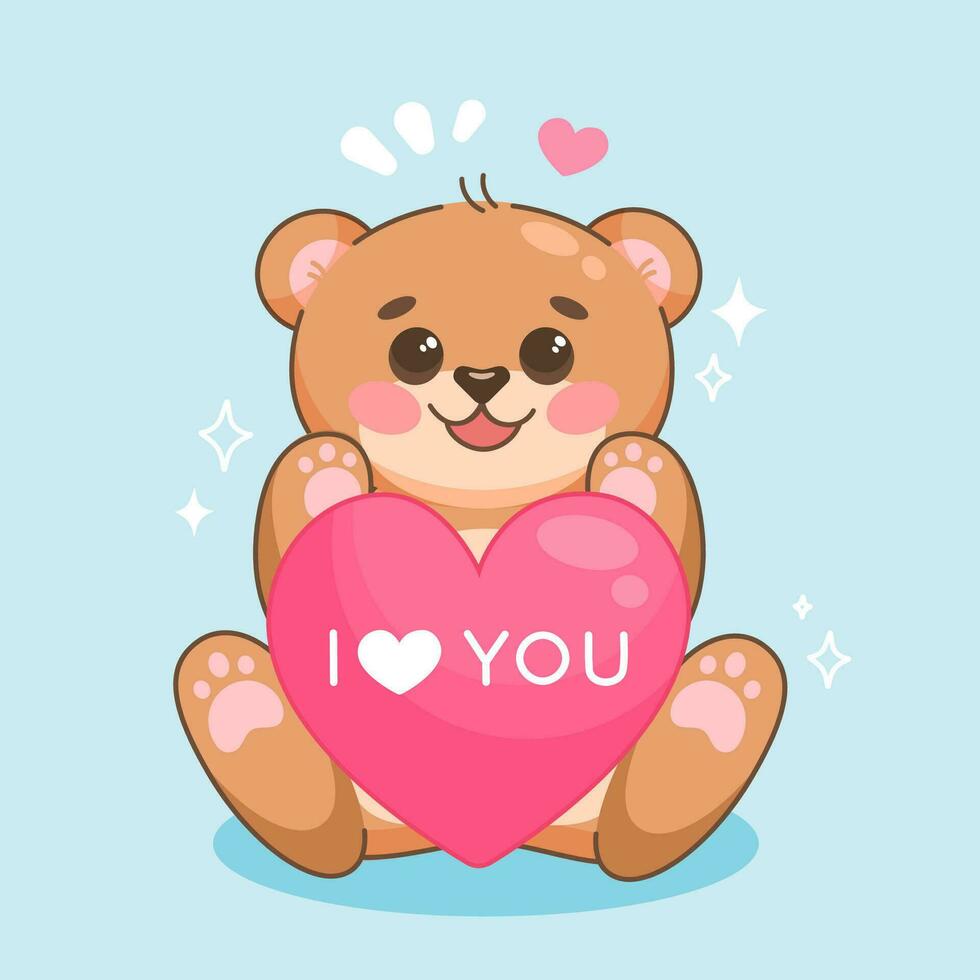 Cute cartoon teddy bear in kawaii style with heart. Vector illustration