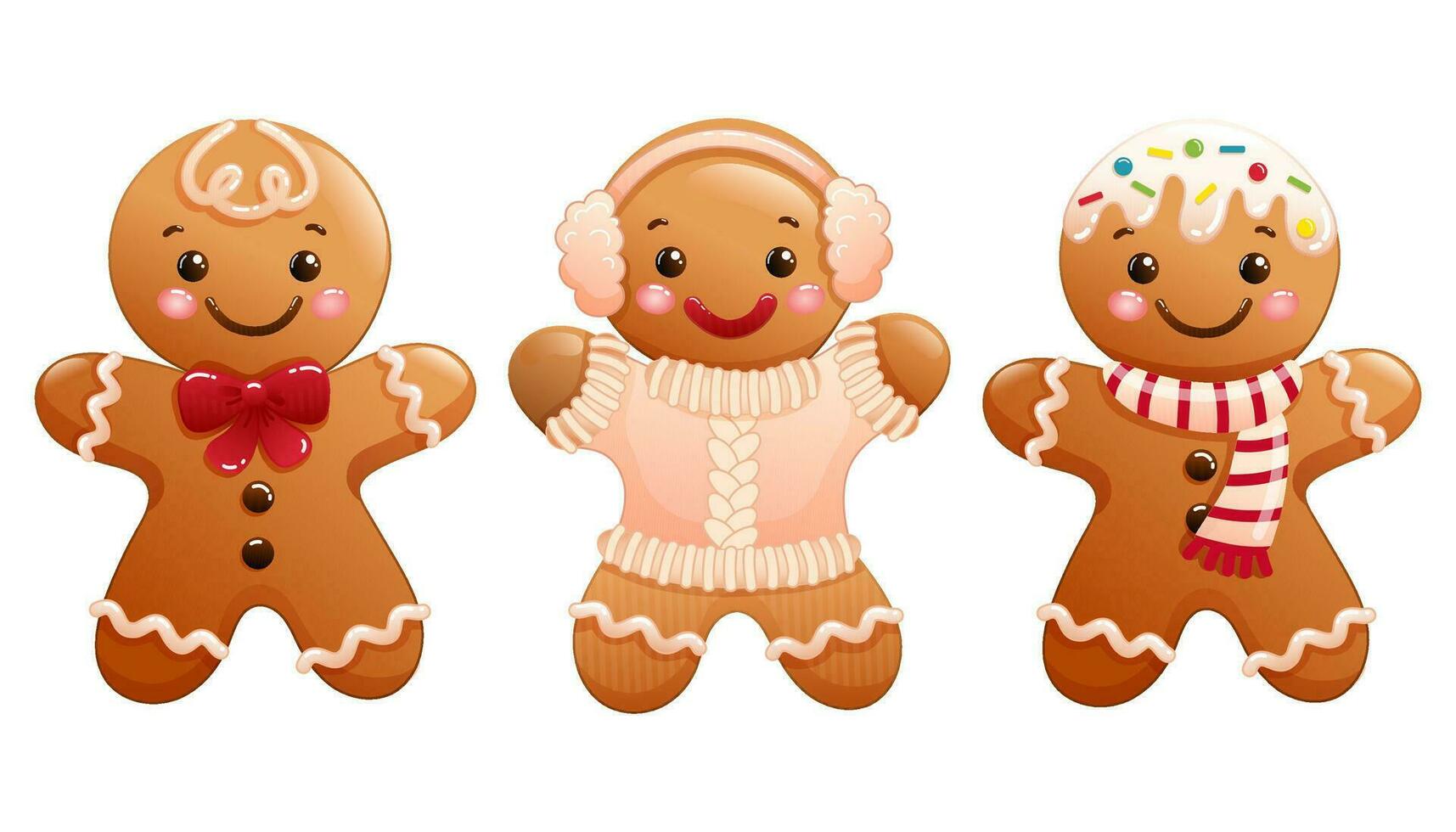 Set of cute hand drawn Christmas vector illustrations of cartoon gingerbread men and woman. Holidays clipart for Christmas cards, stickers and print