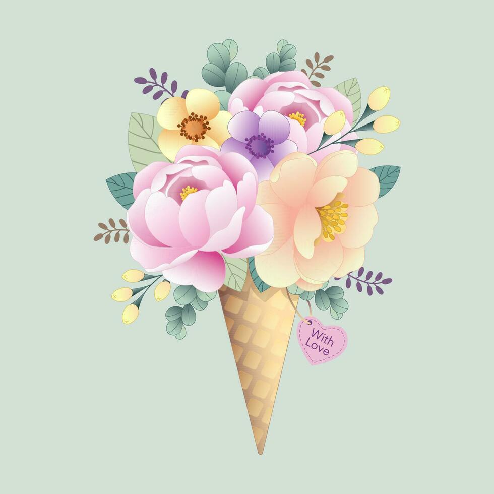 Vector illustration of a bouquet of flowers in pastel colours in an ice cream cone. Greeting card