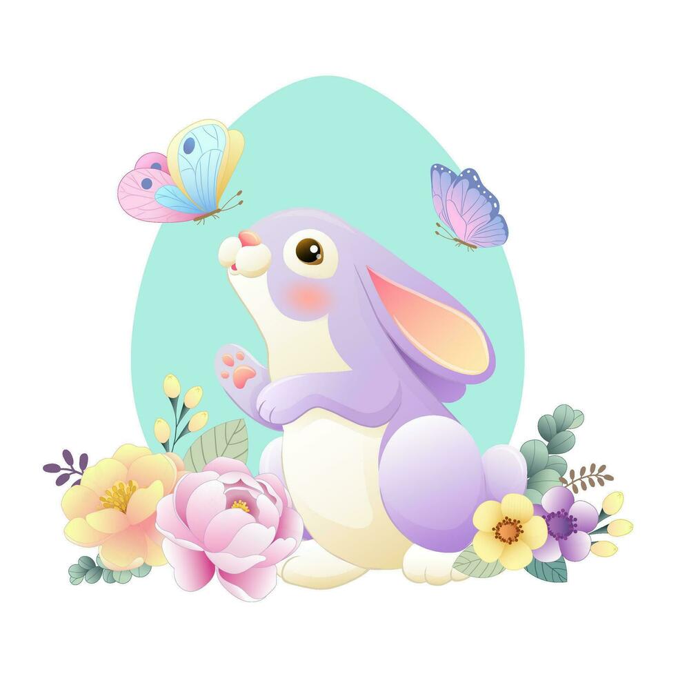 Vector illustration of an Easter bunny and flowers in gentle colours.
