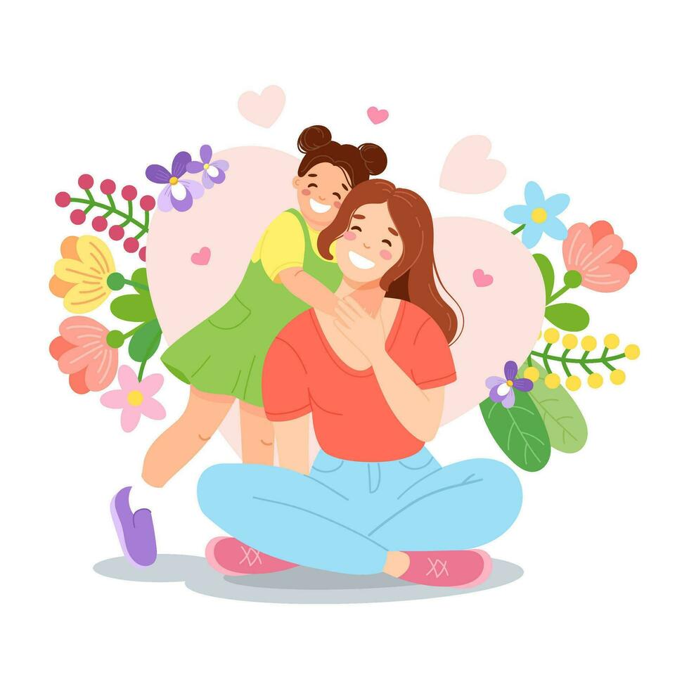 Mother's day illustration with happy daughter and mother on background of spring flowers in cartoon style. Vector illustration