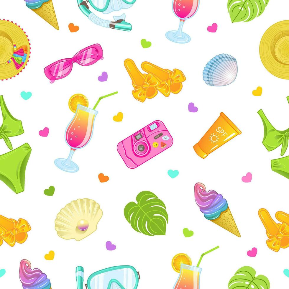 Seamless vector pattern with summer beach accessories in bright colors. Vector illustration
