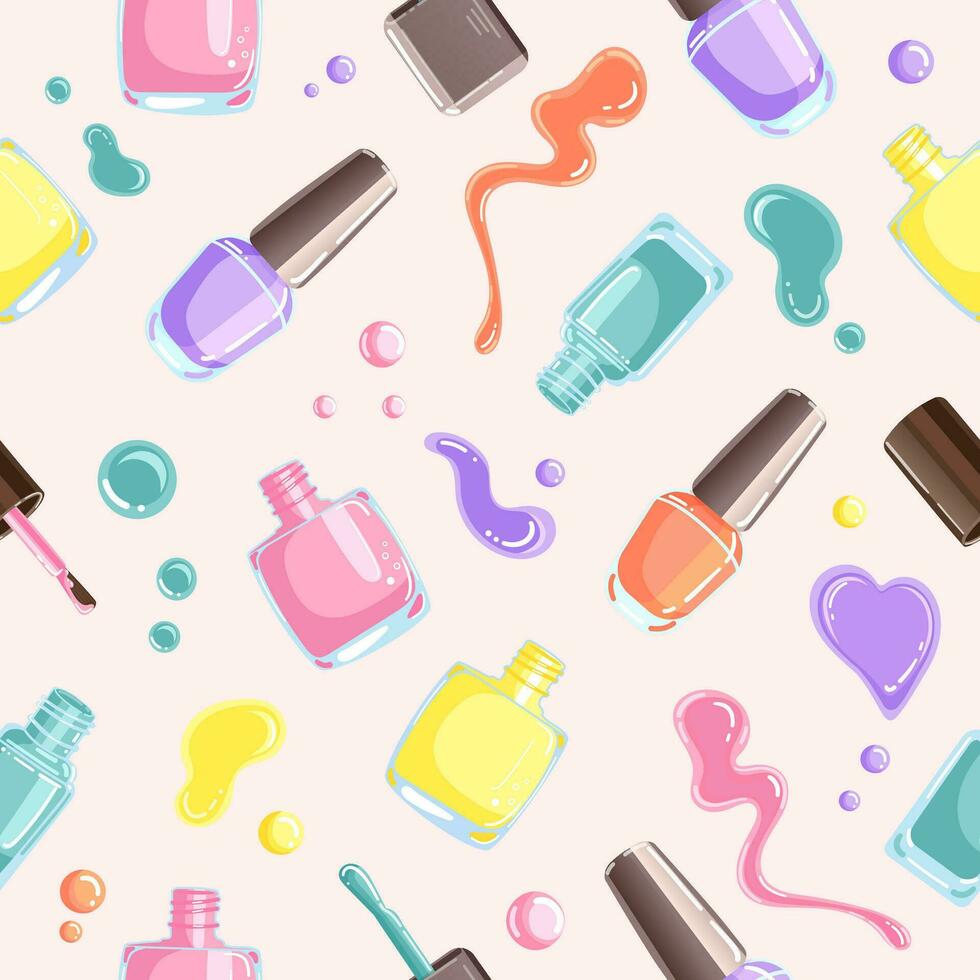 Nail polish bottles seamless pattern in colourful shades. Vector illustration
