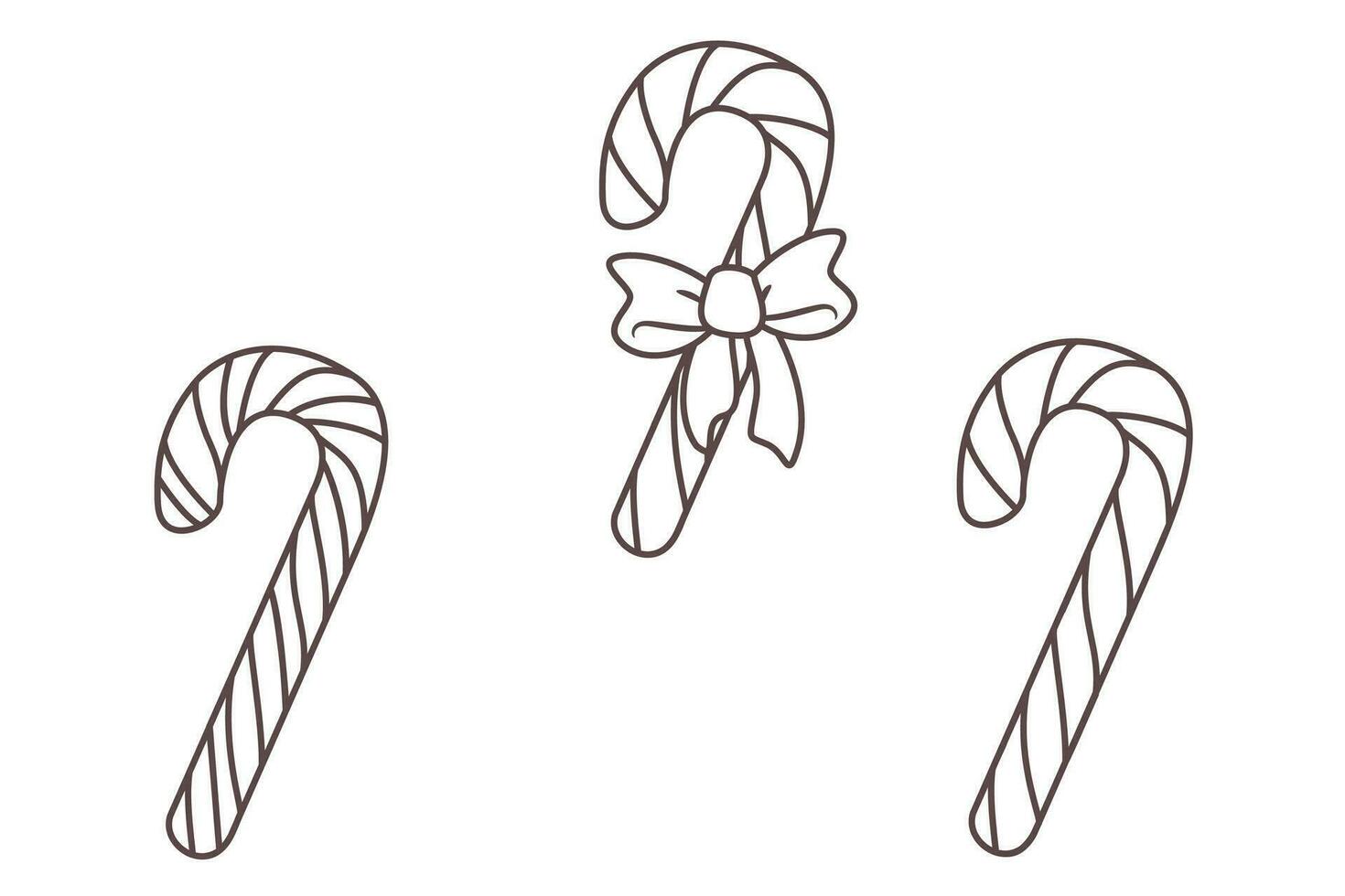 Vector set of three isolated different candy canes. Outline illustration. Elements of winter feasts such as New Year and Christmas