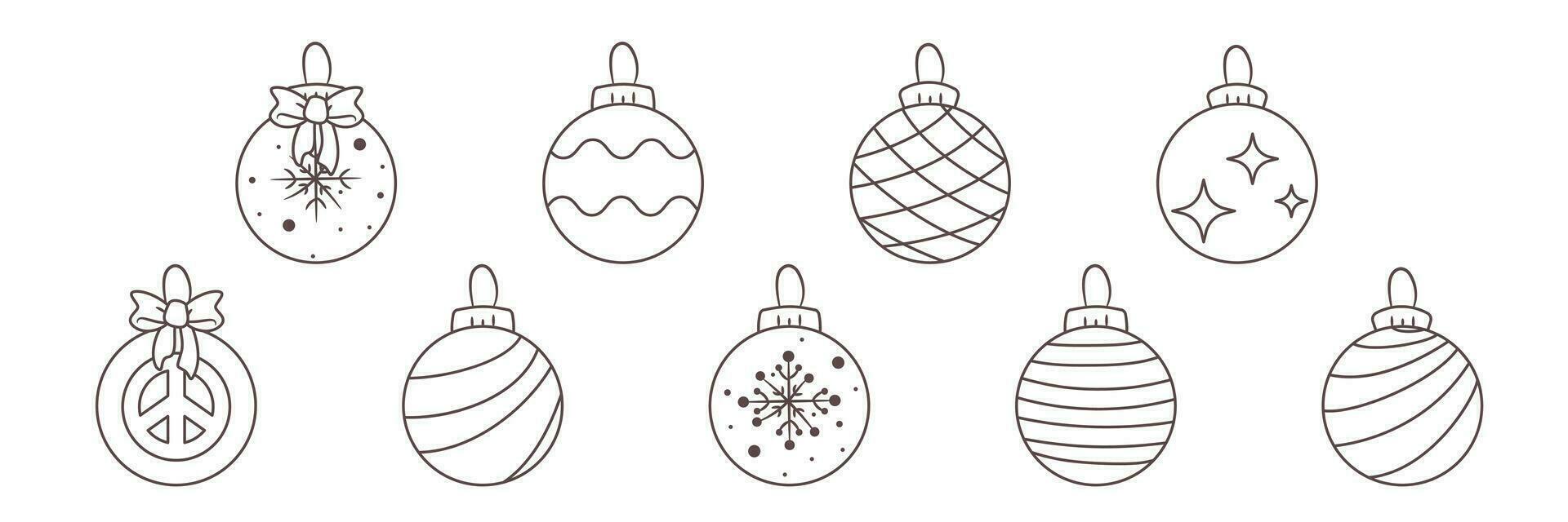 Vector Set of nine different Isolated Christmas ornaments, toys for xmas tree. Outline illustration for festive design