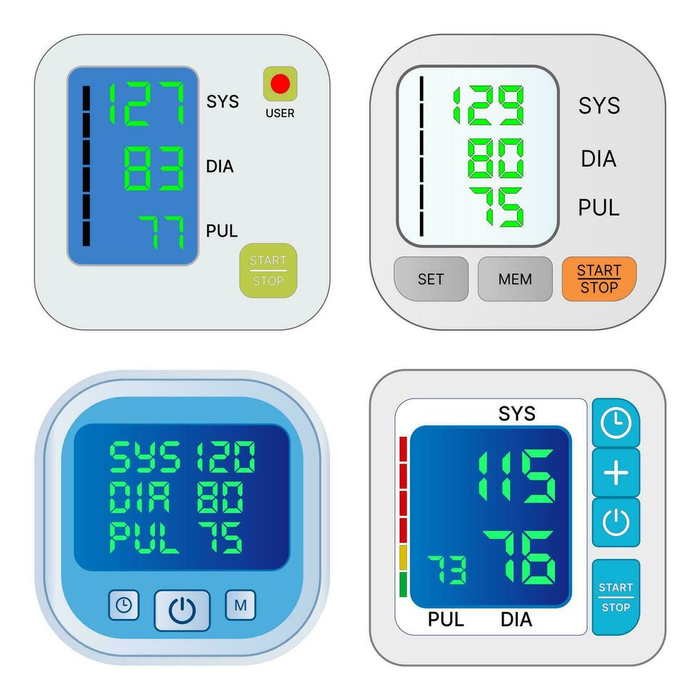 Set of vector illustrations of devices for measuring blood pressure. Medical hypertension, healthcare, pulse measurement, blood pressure monitor sign.
