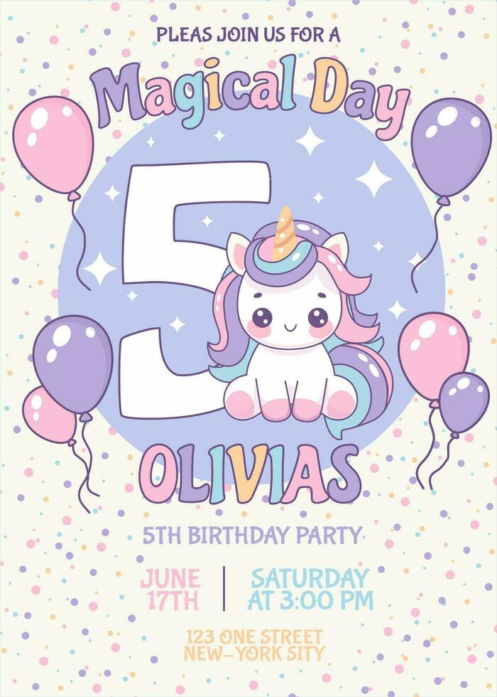 Birthday invitation card design with number, unicorn and balloons. Five year. Vector illustration of template on colorful background. Invitation for children. Ready to use and editable template.