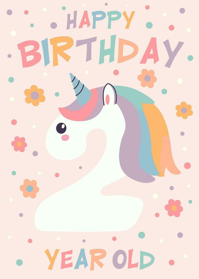 cumpleaños invitación tarjeta diseño con número y unicornio. dos año. vector ilustración de modelo en pastel antecedentes. invitación para niños y adultos Listo a utilizar y editable modelo.